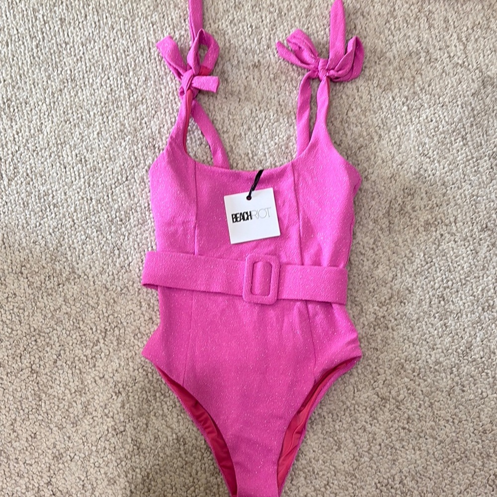 Beach Riot Pink One Piece with Bow Straps and Belt
